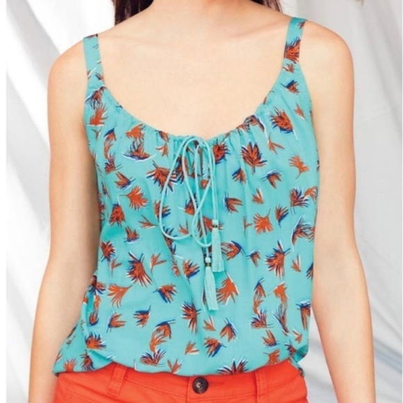 CAbi, New, Aqua/Orange Palm Leaf Tie Front Tassel Tank Blouse Top, Size Large - Picture 1 of 11